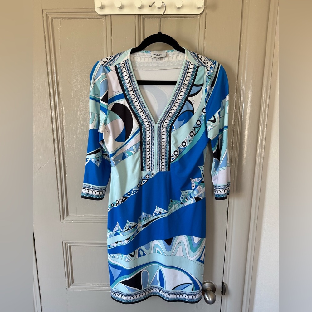 Emilio Pucci Blue, Light Blue & Black Geometric Print V-Neck Dress